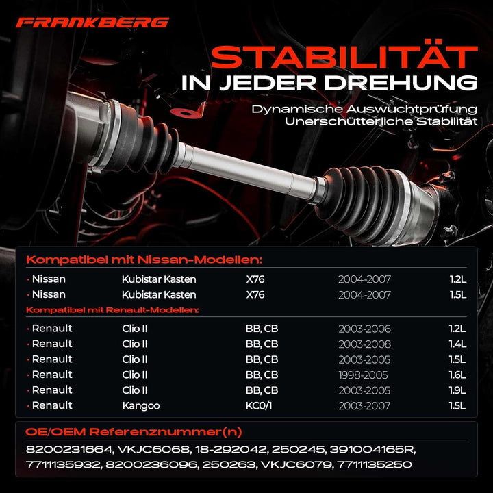 Frankberg Antriebswelle Vorderachse Rechts Kompatibel mit Kubistar Kasten X80 2004-2007 Clio II BB C