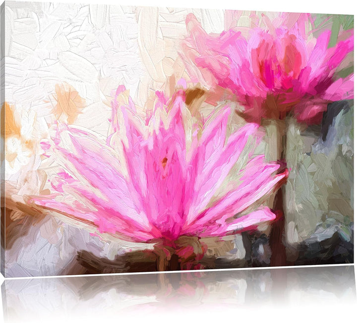 Pixxprint Lilafarbene Wasserlilie Kunst Pinsel Effekt, Format: 100x70 auf Leinwand, 100x70