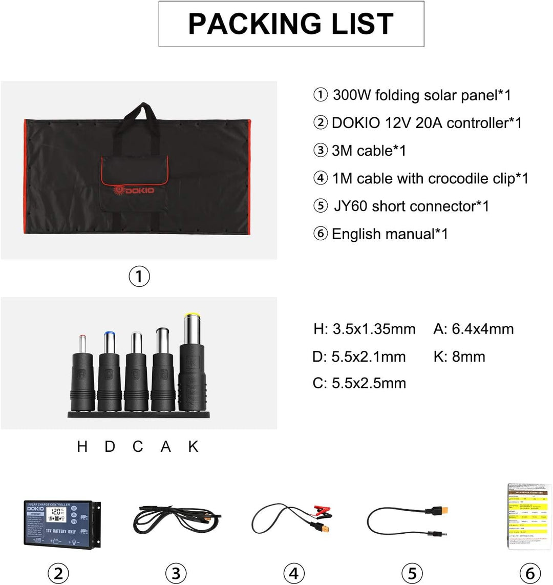 DOKIO 300W 18V Faltbar Solarmodule(54*104cm, 7,5kg) Monokristalline(Hohe Leistung) +Solar Controller