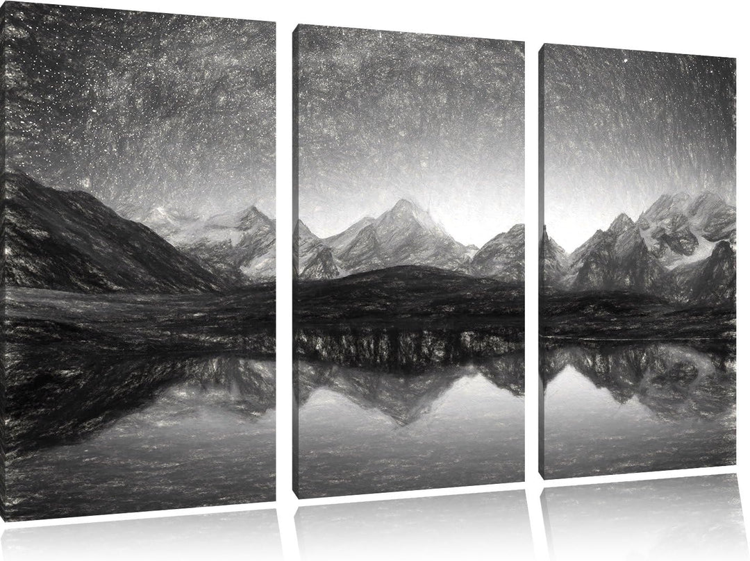 Pixxprint Sternenhimmel über dem Gebirge / 3-Teilig/Gesamtmass 120cm Leinwandbild bespannt auf Holzr