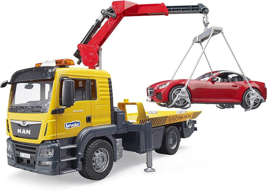 bruder 03750 - Man TGS Abschlepp-LKW mit Roadster, Light & Sound Modul - 1:16 Abschlepper Abschleppw