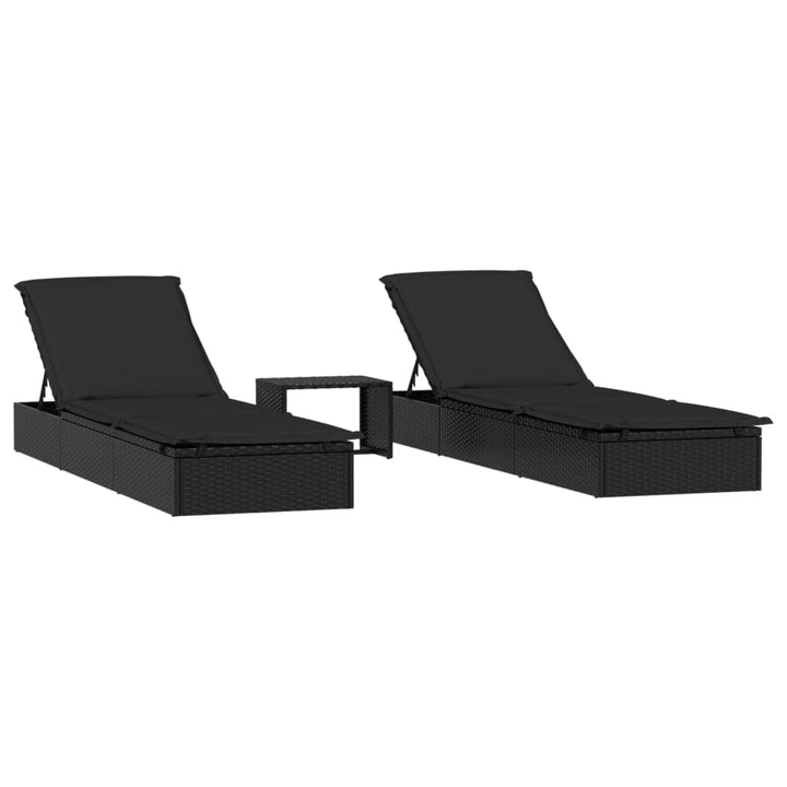 vidaXL Sonnenliegen 2 STK. mit Tisch Schwarz Poly Rattan, Schwarz