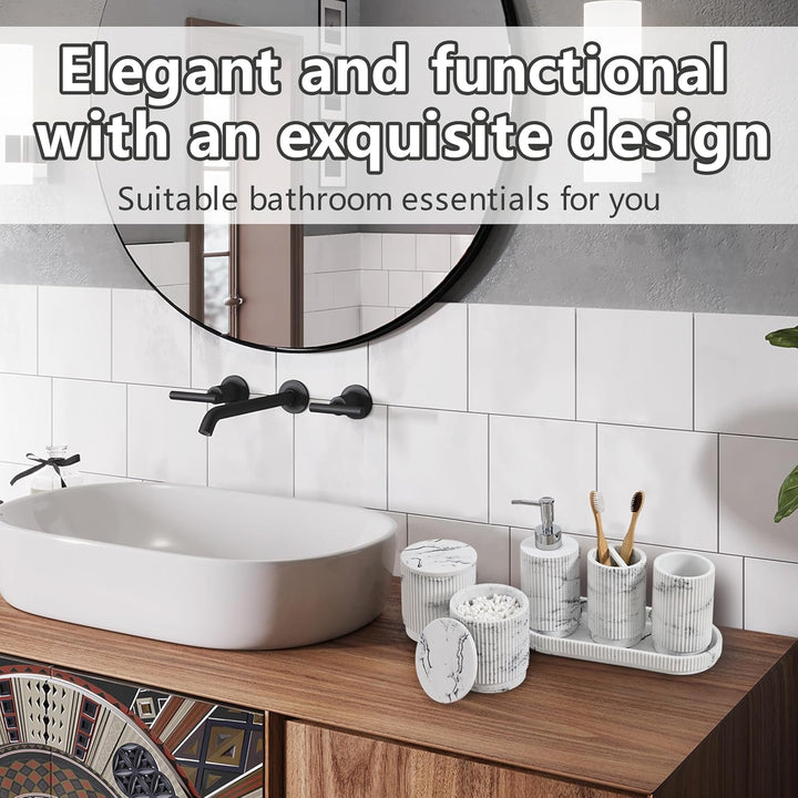 Badezimmer Set 6-TLG | Seifenspender + Zahnputzbecher mit Tablett & Wattestäbchenbox | Design Streif