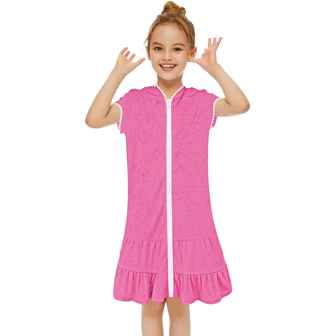 Mädchen Kurzarm Frottee Badeponcho mit Seitentaschen Lila Reissverschluss Surf Poncho, Kapuzen-Badem