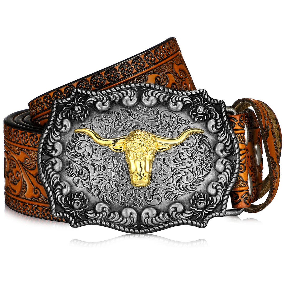 Jadive Herren Gürtel Western Cowboy Bull Leder Gürtel Schnalle mit Blumen Gravur Kamel 43 Pulgadas,