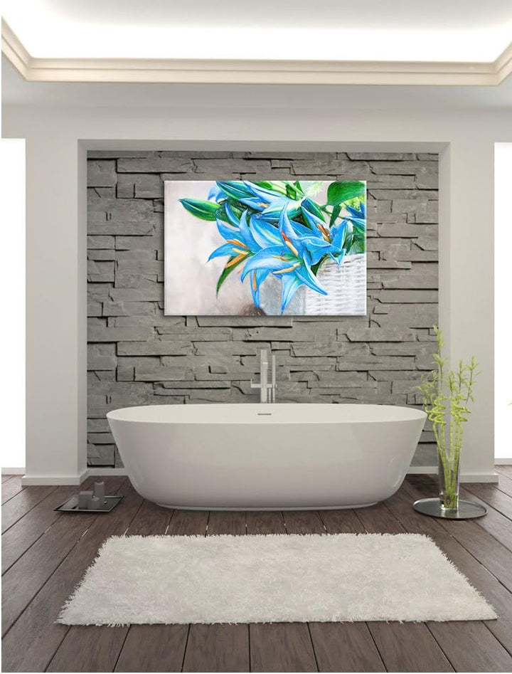 Pixxprint schöne Blaue Blumen im Körbchen Kunst Buntstift Effekt, Format: 100x70 auf Leinwand, 100x7