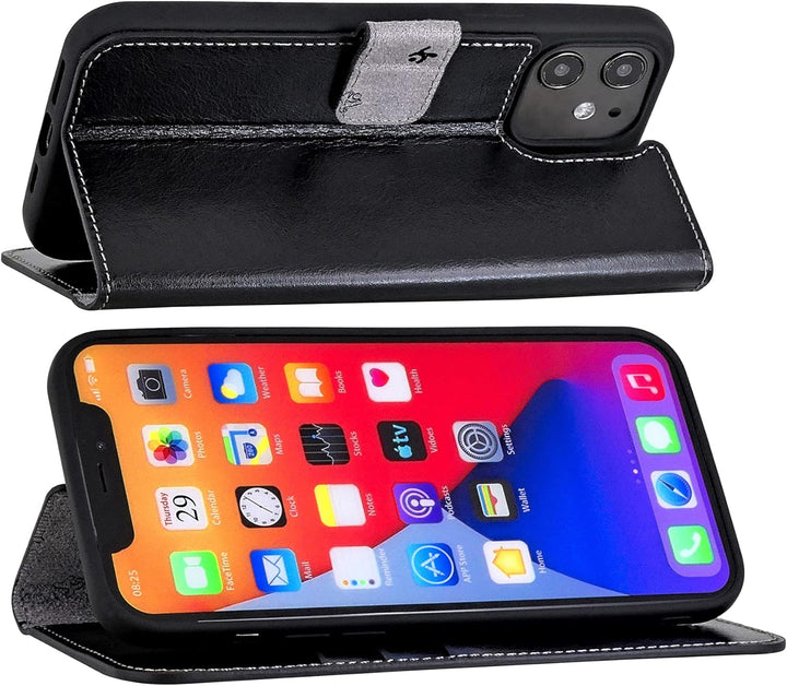 Suncase Book-Style Hülle kompatibel mit iPhone 12 Mini (5.4") Leder Tasche (Slim-Fit) Lederhülle Han