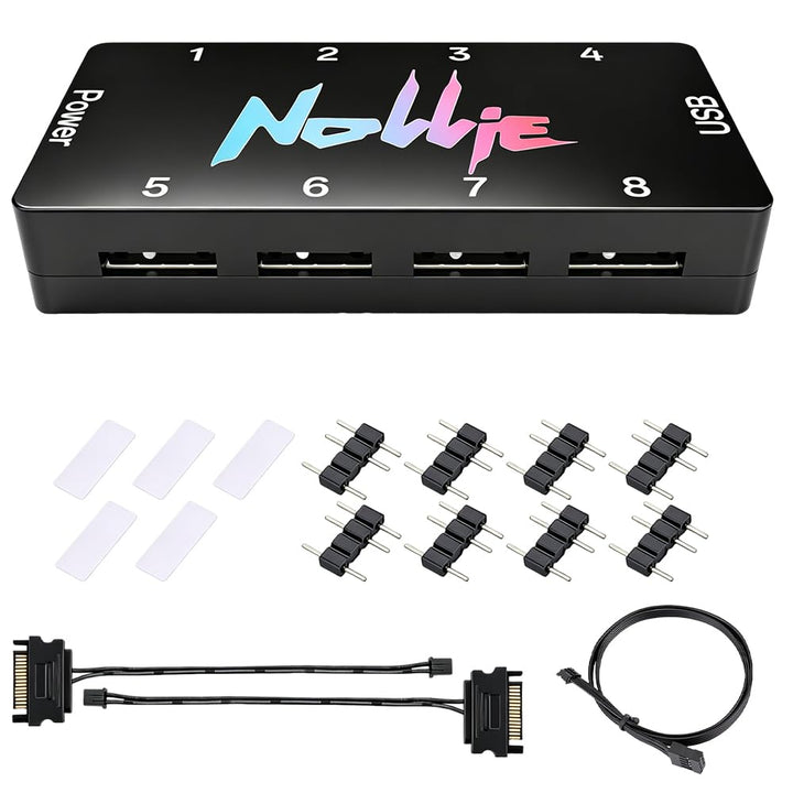 8-Port ARGB Controller, SGZIOO ARGB PWM Fan Hub, 5V 3 Pin RGB Controller PC mit 2 SATA-Kabel, Lüfter