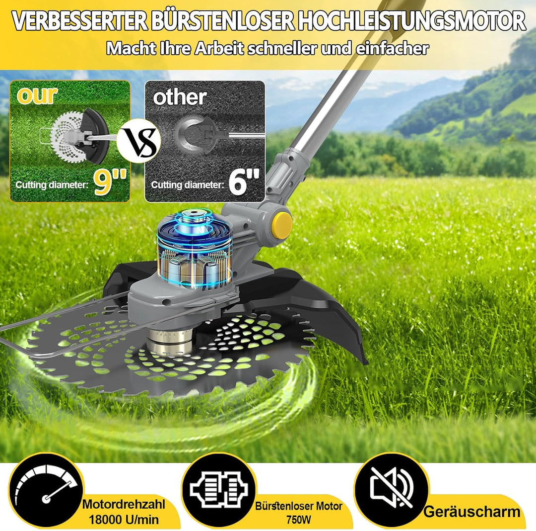Akku Rasentrimmer mit Akku und Unkrautbürste, Rasentrimmer mit Akku mit 4 Klingentypen, 750W Bürsten