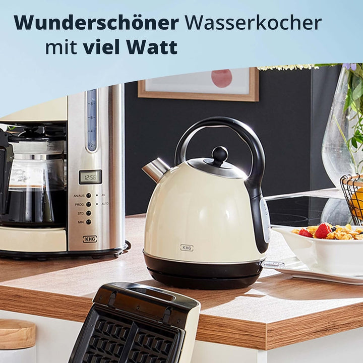 KHG WK-1711 (C) Wasserkocher Retro 1,7 Liter | Kessel-Wasserkocher in Creme | 360° Sockel | Kalkfilt