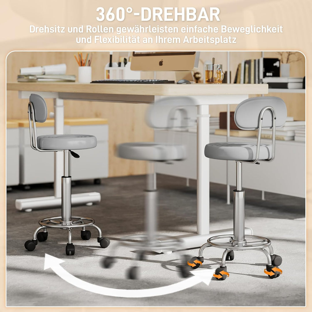 HOMCOM Rollhocker höhenverstellbar Drehhocker Drehbar Salon Hocker mit Lehne, Rädern, Arbeitshocker