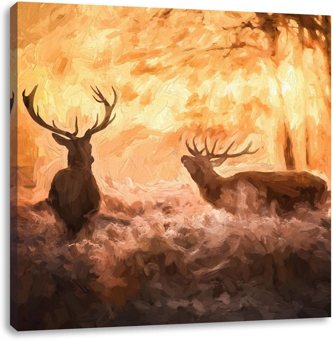 Pixxprint Hirsche im Wald, Format: 70x70 auf Leinwand, XXL riesige Bilder fertig gerahmt mit Keilrah
