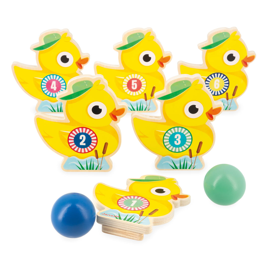 Janod - Kinder-Kegelspiel Applepop - Geschicklichkeitsspiel - 6 Enten-Kegel + 2 Kugeln - Spielzeug a