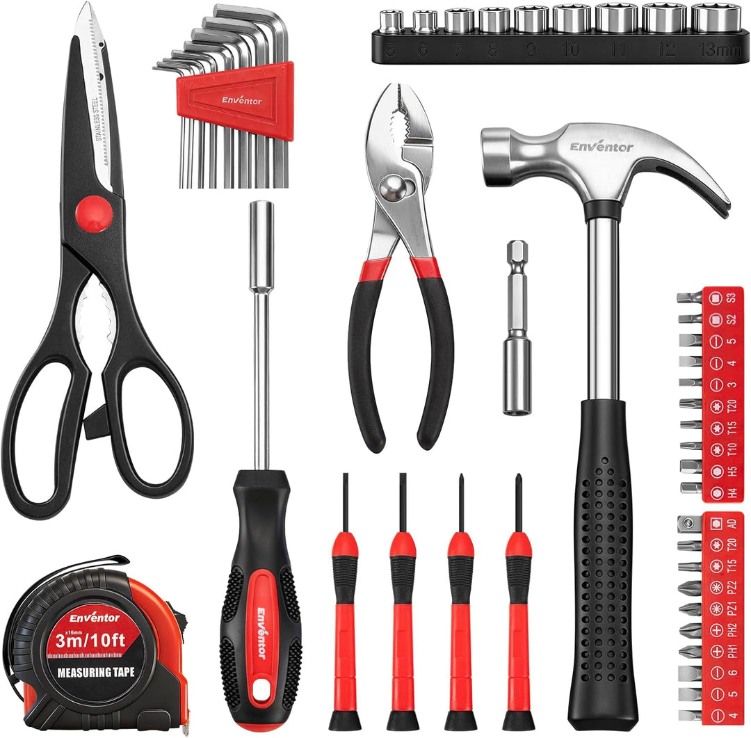 Enventor 48-Tlg Kleiner Werkzeugkoffer, Rotes Mini-Werkzeugset mit Hammer und Schraubendreher-Set, i