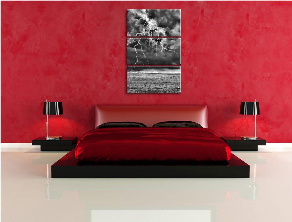 Pixxprint Monocrome, Gewitter über Meer 3-Teiler Leinwandbild 120x80 Bild auf Leinwand