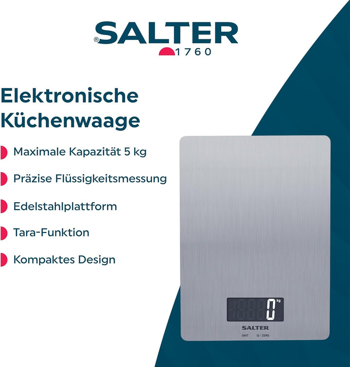 Salter Digitale Küchenwaage Edelstahl – 5 kg Kapazität, LCD Display, Aquatronic Flüssigkeitsmessung