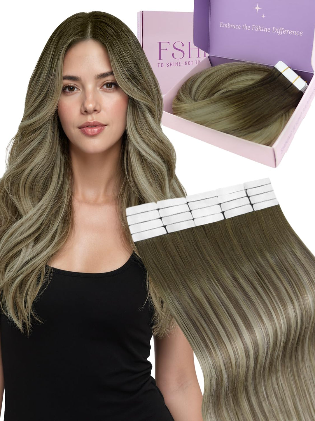 Fshine Haarverlängerung Tape Echthaar 45cm Echthaar Remy Extensions Tape 50 Gramm Balayage Dunkelbra
