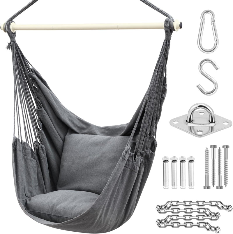 Hängesessel mit 2 Kissen und Deckenhaken-Kit, Ohuhu Hängesessel Outdoor XL Hängestuhl bis 150 kg für