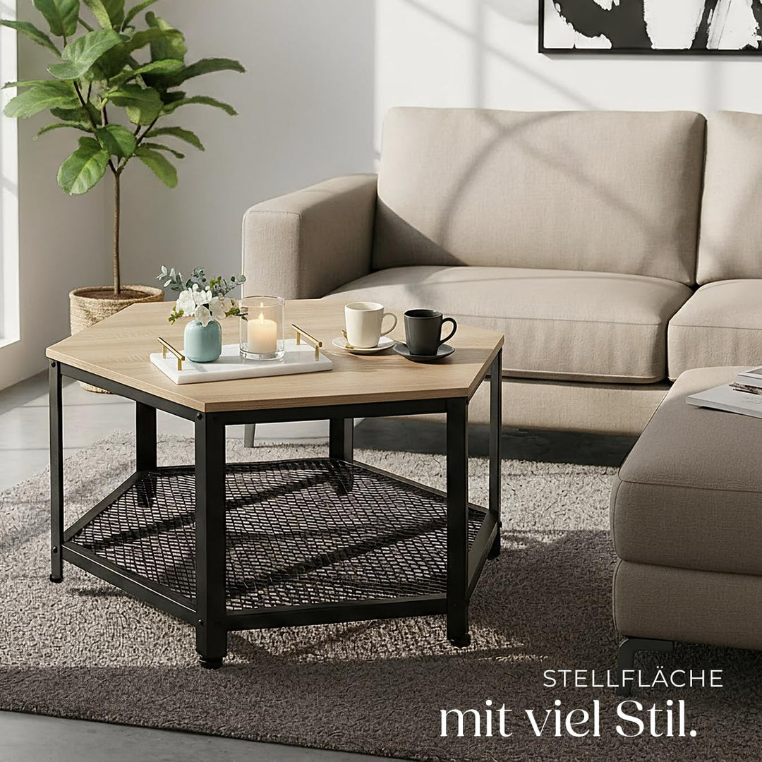 tectake® ausgefallener Couchtisch Holz und Metall, Wohnzimmertisch mit Stauraum, Beistelltisch Couch