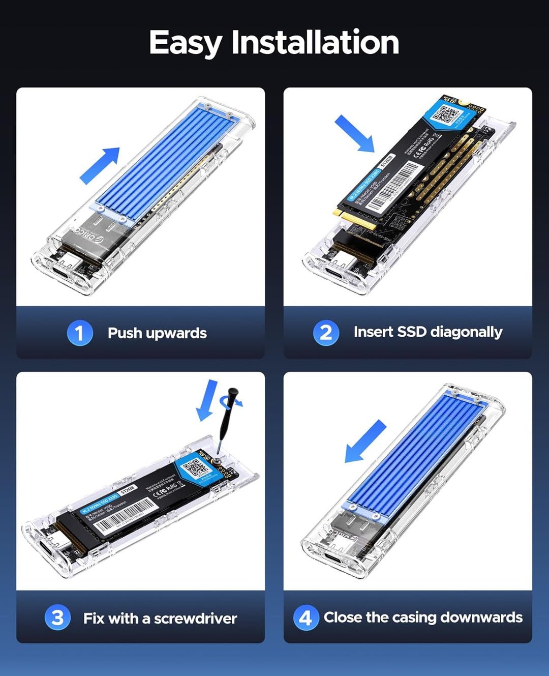 ORICO NVMe Gehäuse, USB 3.2 Gen2 (10Gbps) M.2 SSD Adapter, Transparent Externe M2 Gehäuse für PCIe M