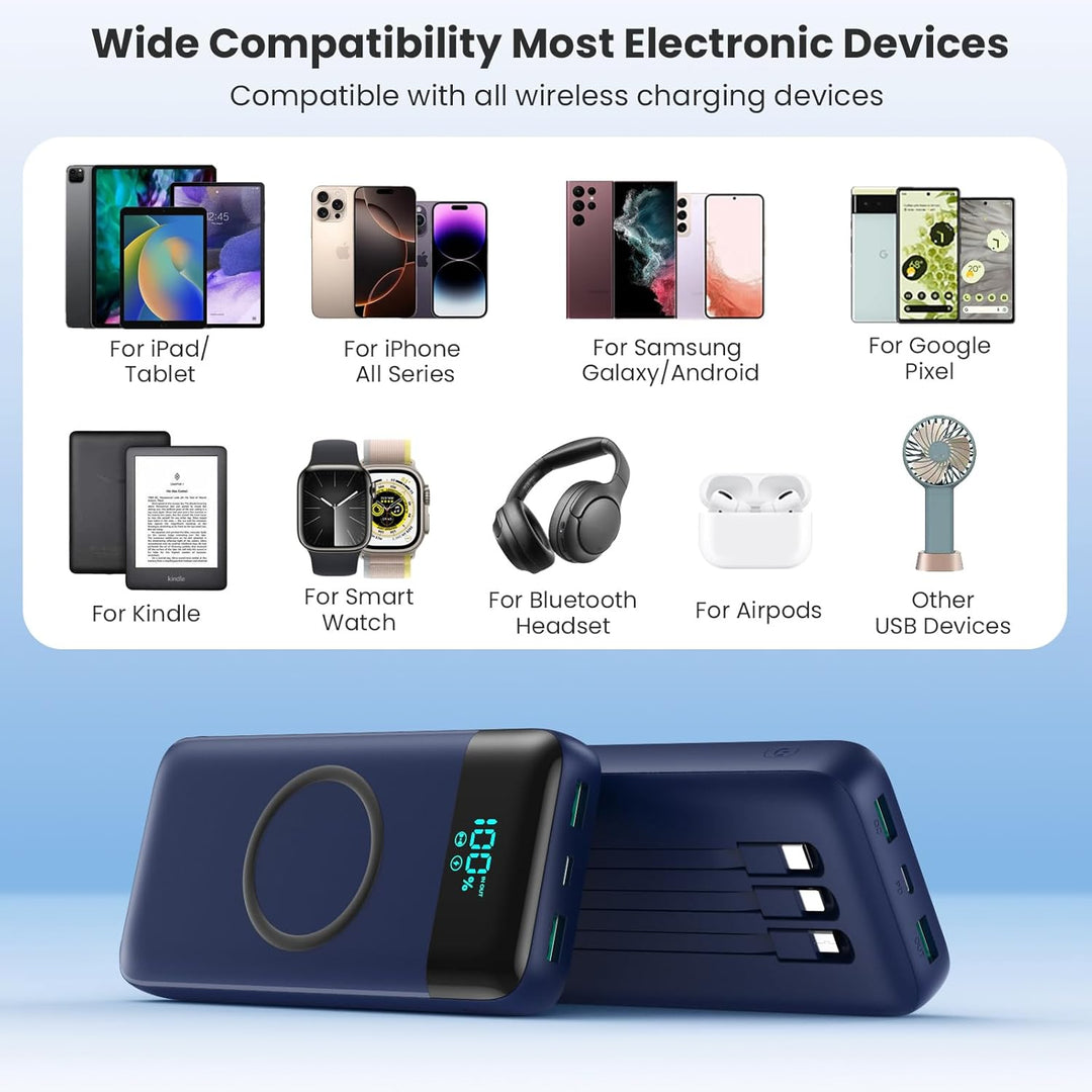 Wireless Power Bank 26800mAh mit 3 Kabel, 7 in 1 25W PD3.0+QC4.0 Schnellladen USB C Powerbank, 6 Aus