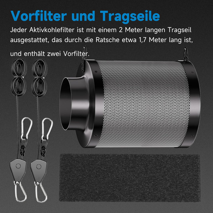 Hon&Guan Aktivkohlefilter 150mm mit Leichtes Carbon 250mm Lang, 38mm Dickes Holzkohlebett für Geruch