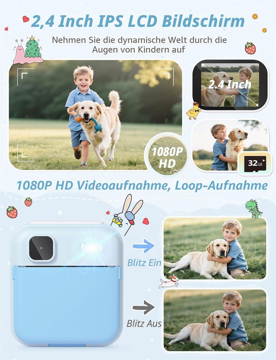 YOHOOLYO Sofortbildkamera Kinder 2,4 Zoll 1080P HD Kinderkamera mit 3 Rollen Druckpapier 32GB Karte