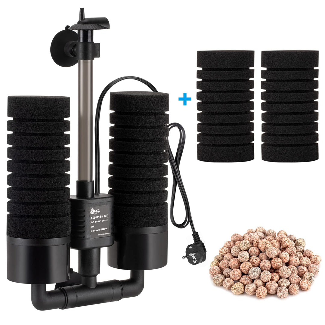 AQQA Aquarium Schwammfilter,3/5W Elektrischer Aquarium Filter,Leiser Tauchschaum Doppelschwammfilter