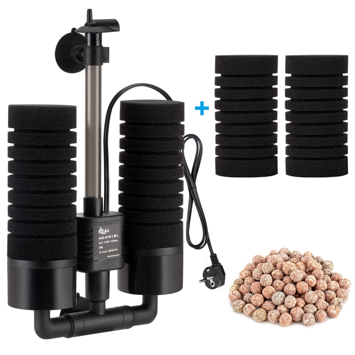 AQQA Aquarium Schwammfilter,3/5W Elektrischer Aquarium Filter,Leiser Tauchschaum Doppelschwammfilter