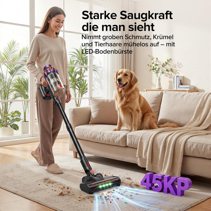 Lubluelu Akku Staubsauger Kabellos, 45kPa Saugkraft/50 Min Laufzeit, mit Selbststehend-Funktion&amp;Anti