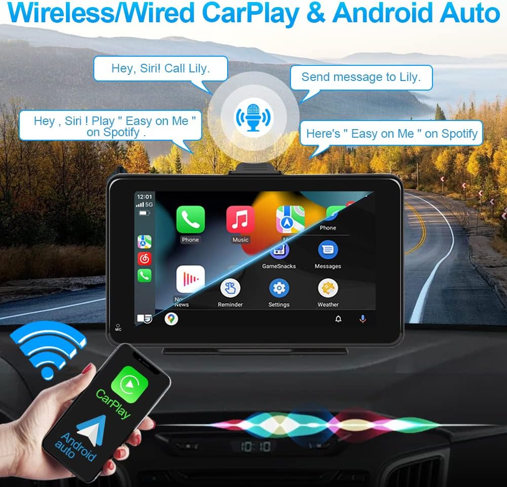 Podofo Wireless Apple Carplay & Android Auto Tragbares Autoradio, 7 Zoll Auto Radio Stereo mit Bluet