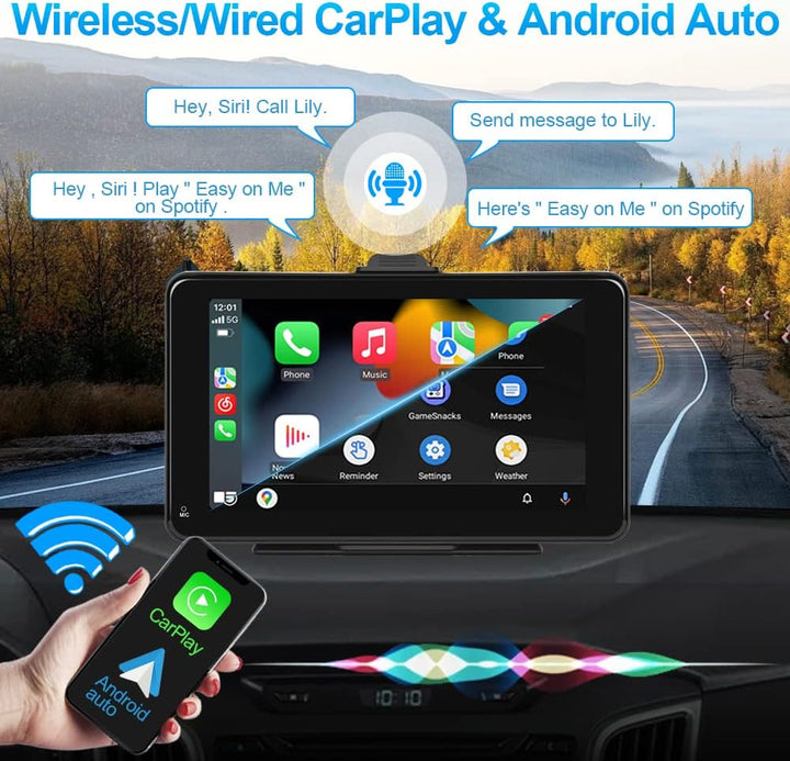 Podofo Wireless Apple Carplay & Android Auto Tragbares Autoradio, 7 Zoll Auto Radio Stereo mit Bluet