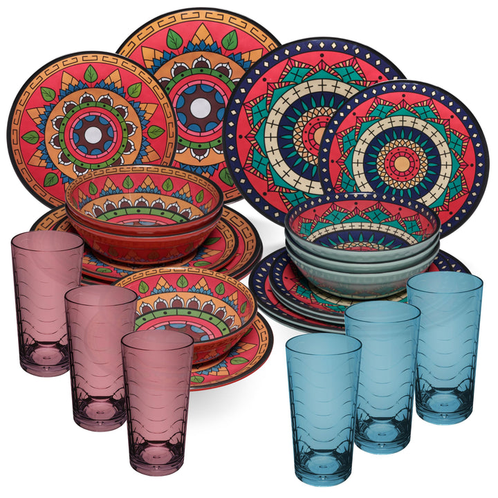 Melamin Geschirr Set Toskana Deep für 6 Personen - Rot-Grün - Mandala-Optik Spülmaschinengeeignet Es