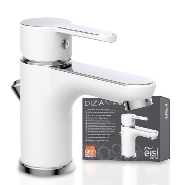 EISL Waschtischarmatur DIZIANI, Wasserhahn Bad in Weiss/Chrom, Einhebelmischer mit Ablaufgarnitur, M
