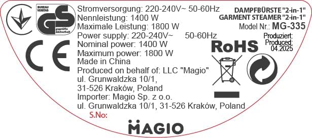 MAGIO Dampfglätter 2-in-1 (Dampfbürste & Reisebügeleisen), Steamer, 1800 W, 30 g/min Dampf, Keramiks