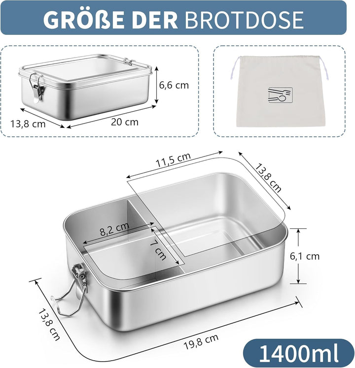 Homikit Brotdose mit Fächern, Edelstahl Bento Box Lunchbox mit Tasche, 1400ml Lunch Box für Kinder &
