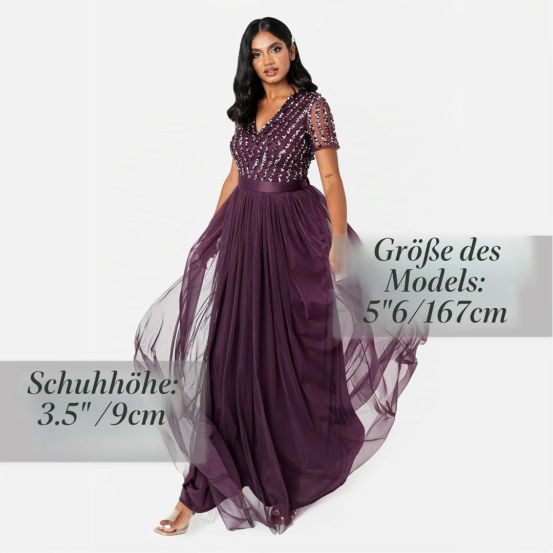 Maya Deluxe Damen Ballkleid Abendkleid V-Ausschnitt Maxi Länge Pailletten Kurze Ärmel für Hochzeit G