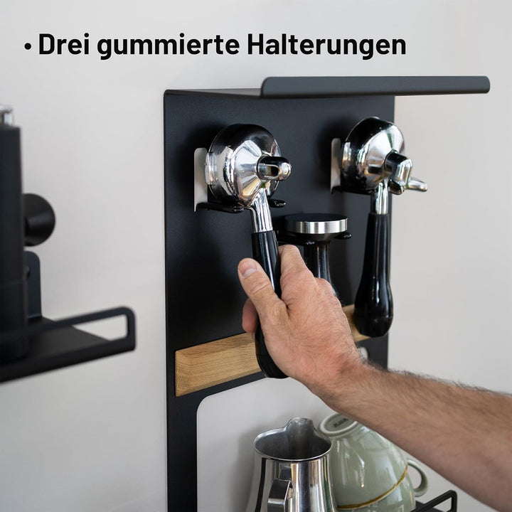 FLATE Barista Regal für Siebträger, Tamper und Barista Zubehör in schwarz (Wandhalterung für Kaffeez