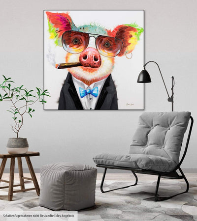 KunstLoft Leinwandbild | 100% HANDGEMALT | 80x80cm | Gemälde 'Smoking Hot Bacon' | Schweine | Bunt |