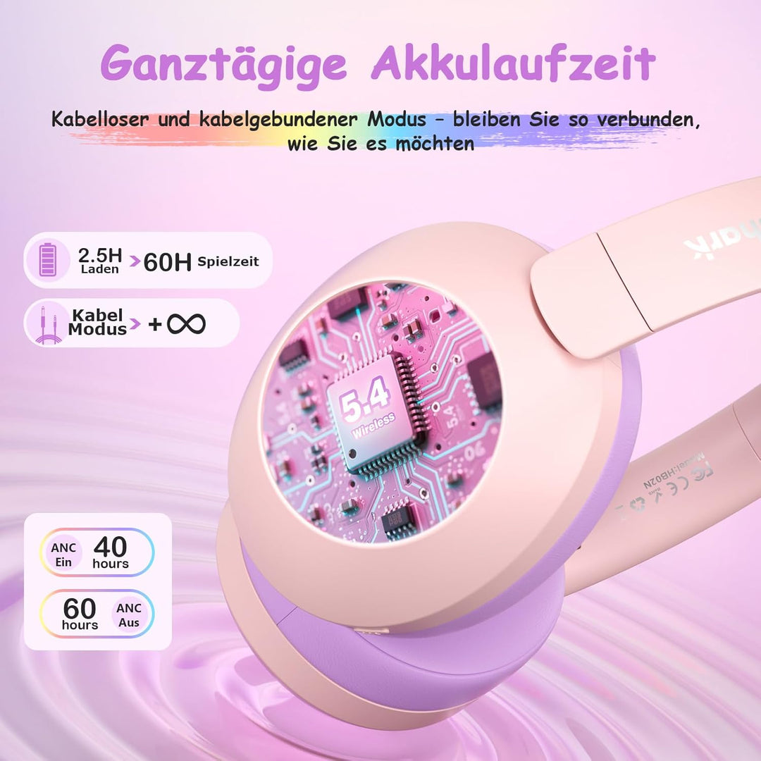 Noise Cancelling Kopfhörer Kinder, Kinderkopfhörer Bluetooth, Bunte RGB LED Leuchte, 60h Spielzeit,