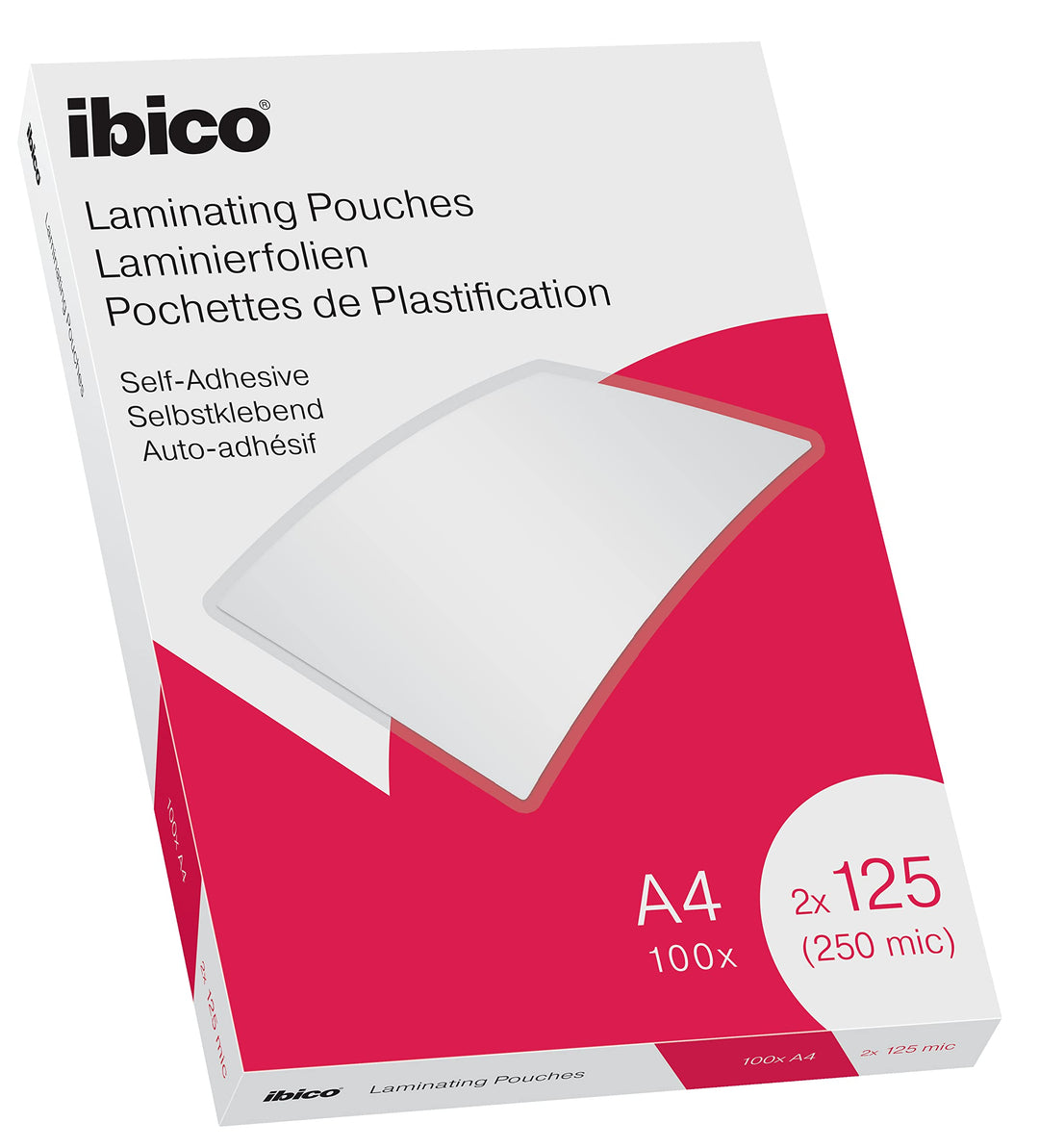 Ibico Selbstklebende Laminierfolien A4 125 mic, 100 Stück, glänzende Heisslaminierfolien, abgerundet