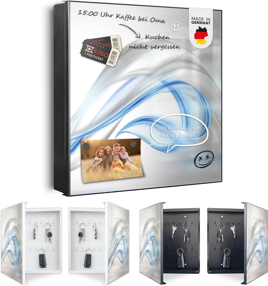 banjado® Grosser Schlüsselkasten Glas/Schlüsselbox 30cm x 30cm mit 50 Haken - Motiv Blauer Schleier/