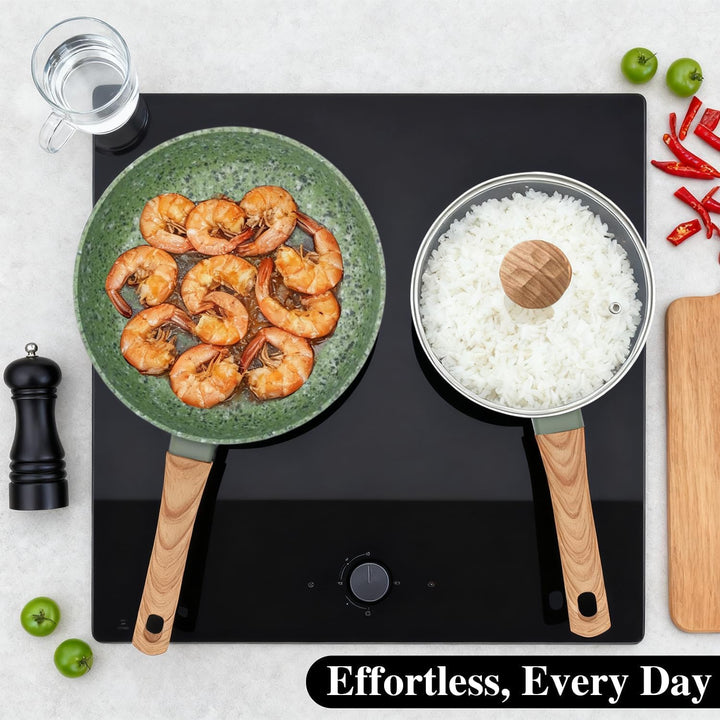 Green Antihaft-Set: 6"-Topf (Saucepan), 8,5"-Pfanne (Frying Pan) &amp; 7"-Schmortopf (Stockpot) - Kombin