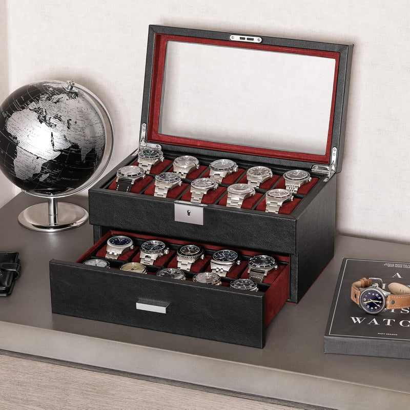 ROTHWELL Uhrenbox aus Leder mit 20 Fächern, luxuriöses Uhrengehäuse, Schmuck-Organizer, verschliessb