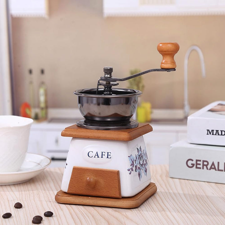 YUEHUA Manuelle Kaffeemühle justierbar - Keramik-Kegelmahlwerk, Gusseisen-Retro-Design mit Buchenhol
