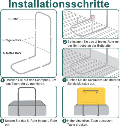 VA-Cerulean Rausfallschutz Bett, Boxspringbett Bettgitter Höhenverstellbar 40-60 cm, Flachs Bettschu