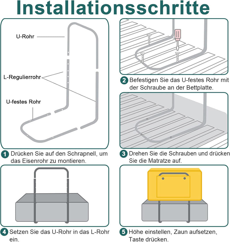 VA-Cerulean Rausfallschutz Bett, Boxspringbett Bettgitter Höhenverstellbar 40-60 cm, Flachs Bettschu