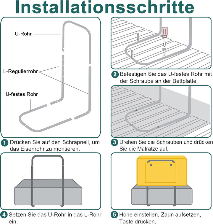 UISEBRT 2X Bettgitter Bettschutzgitter für Kinder 50cm 5-Loch Höhenverstellbar - Bett Rausfallschutz
