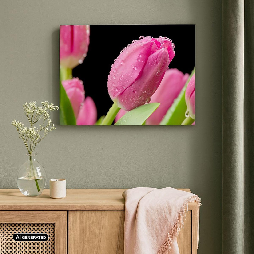 Bilder auf Leinwand 100x70cm Leinwandbild mit Rahmen Tulpe Blumen Tau Gross Wanddeko Bild Schlafzimm