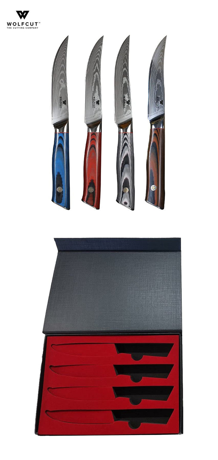 Wolfcut Damascus Steak Messer Set 4 tlg. 67 Lagigen Damaszener Stahl VG10 + G10 Stahl schwarzes Pakk